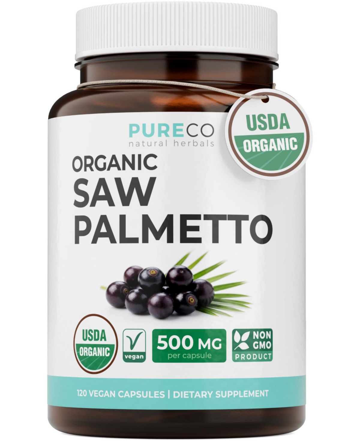 Pure Co Saw Palmetto Capsules 500 mg Whole Berry Powder 120 Capsules