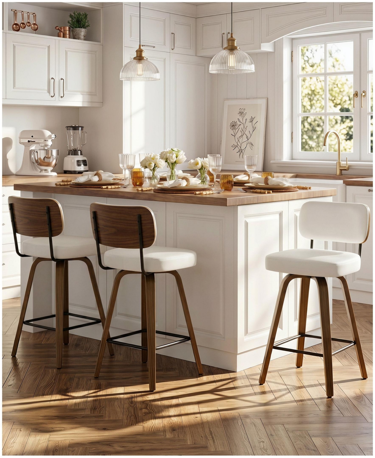 Bekrvio 26" Mid-Century Swivel Counter Height Bar Stools, Faux Leather Kitchen Stools - Pu white