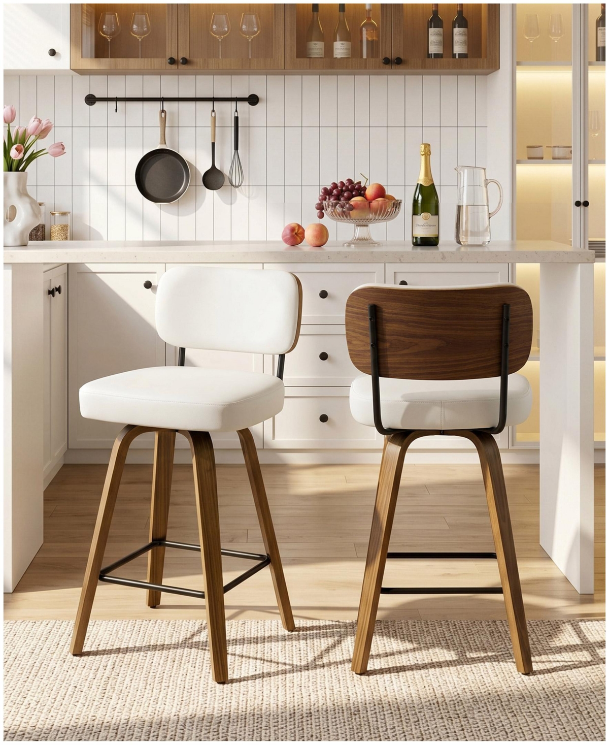 Bekrvio 26" Mid-Century Swivel Counter Height Bar Stools, Faux Leather Kitchen Stools - Pu white