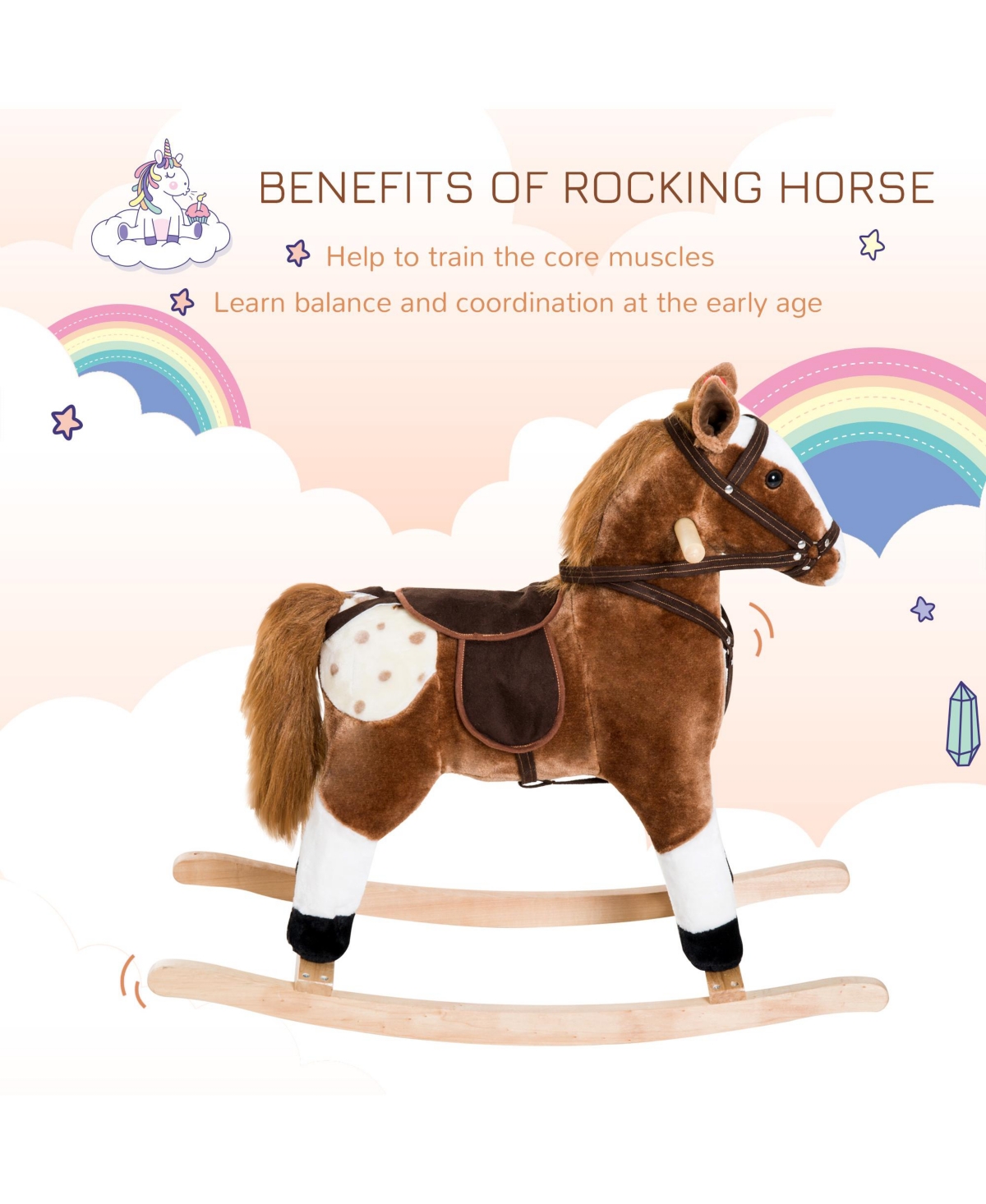 Glintex Kids Plush Rocking Horse Pony with Realistic Sounds, Toddler Ride-On Animal Rocker with Saddle for Ages 3 and Up, Holds 110 lbs