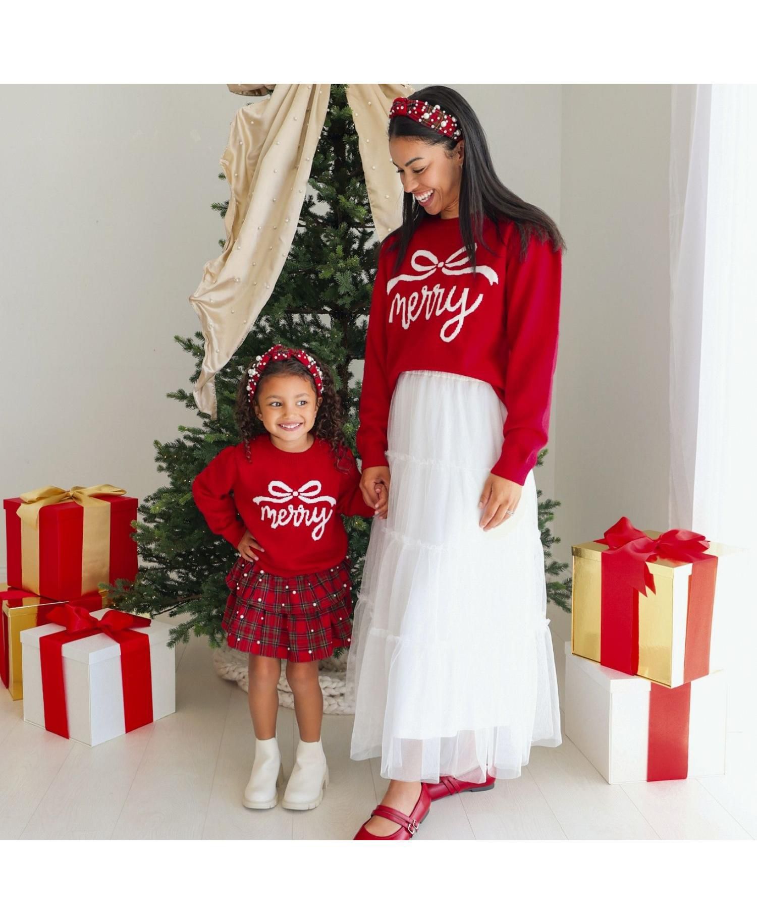 Girls' 4-16 Merry Bow Crewneck Long-Sleeve Sweater