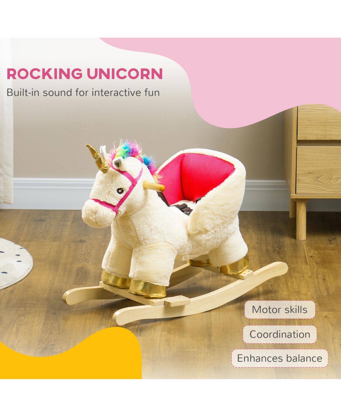 Детская игрушка Glintex Unicorn Rocking Horse with Realistic Sounds, 26.8"L, 55-lb Capacity, Ages 18-36 Months, цвет: Кремовый белый — фото 4