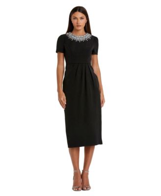Petite Rhinestone-Embellished Midi High-Neckline Dress