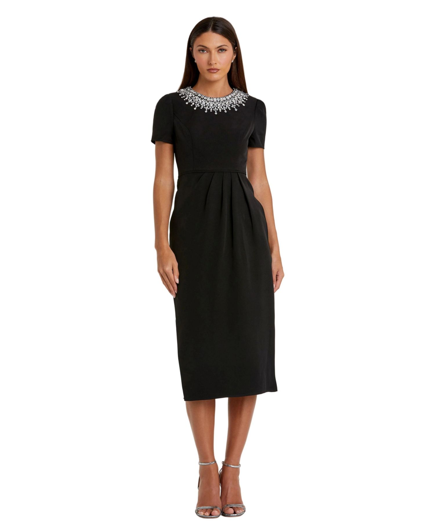 Petite Rhinestone-Embellished Midi High-Neckline Dress