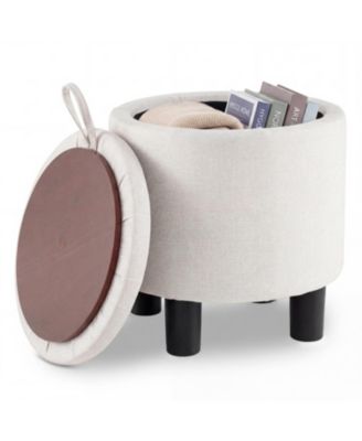 Round Storage Ottoman Linen Fabric Upholstered Footrest Stool