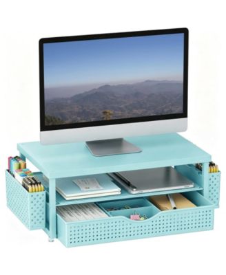 Monitor Stand With Sliding Drawer Dual Pen Holders Desk Organizer Riser