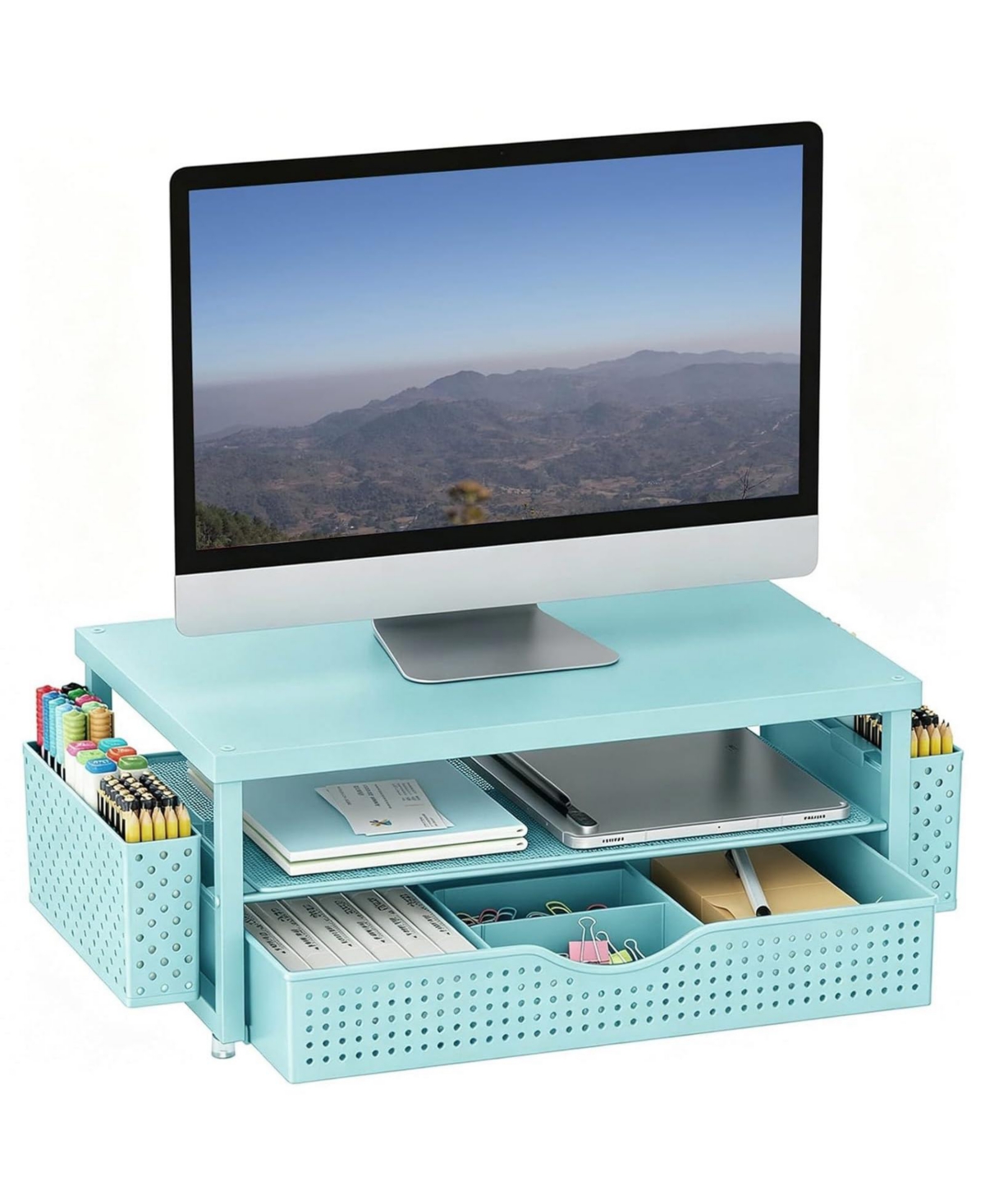 Four Candies Monitor Stand With Sliding Drawer Dual Pen Holders Desk Organizer Riser