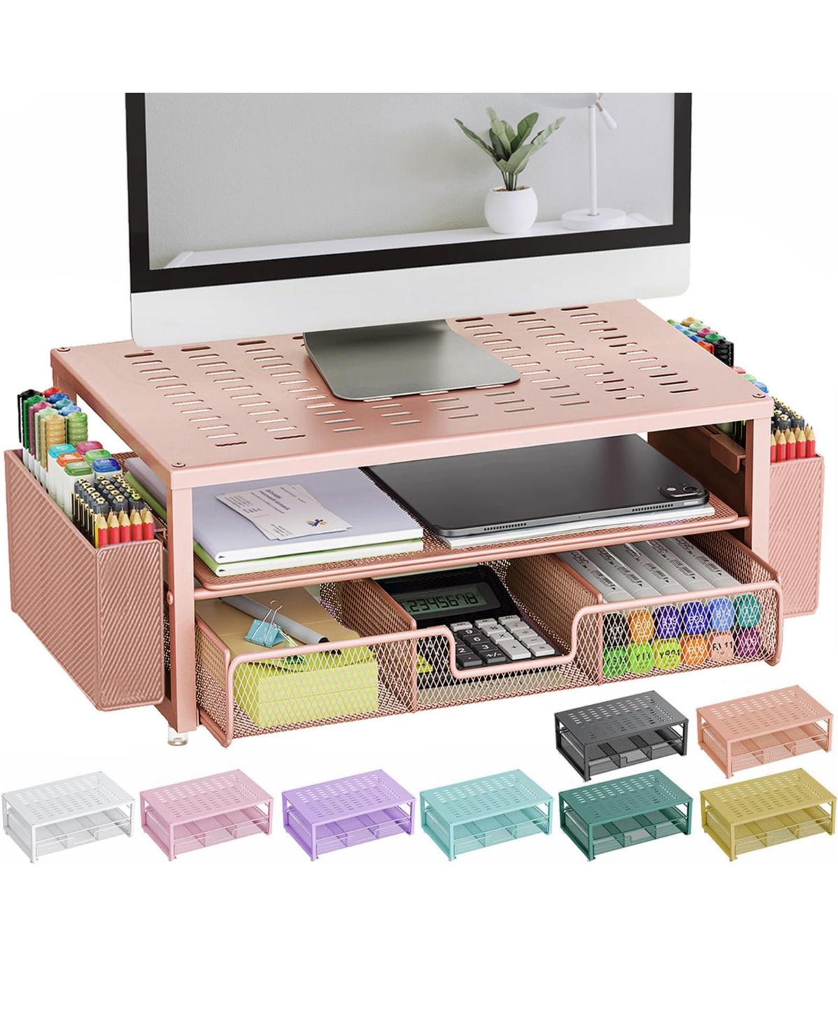 Four Candies Monitor Stand With Sliding Drawer Dual Pen Holders Desk Organizer Riser - Rose gold