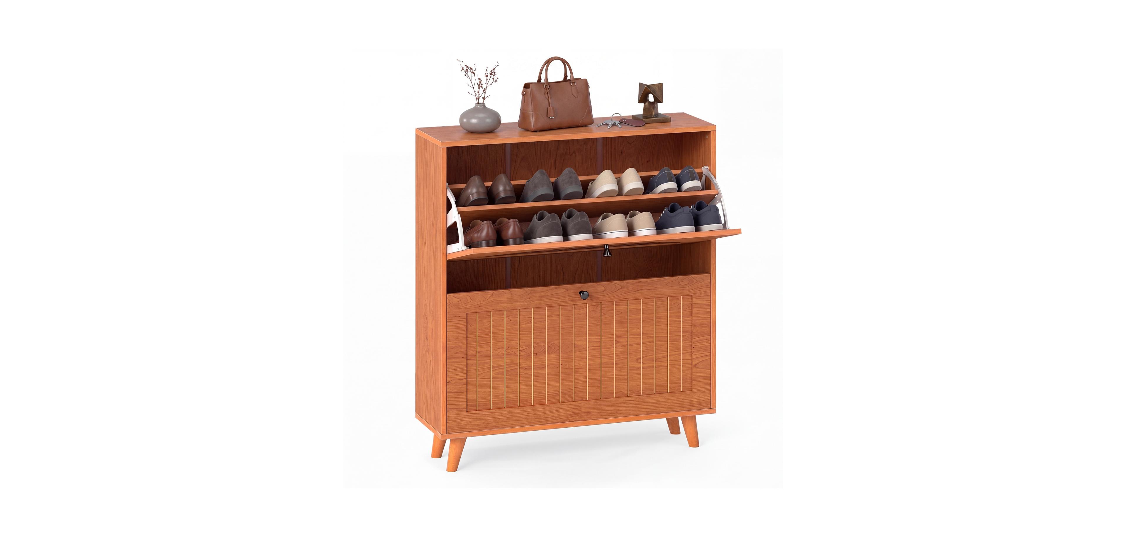 Mecale Narrow Shoe Cabinet with Adjustable and Removable Shelves for Entryway Foyer Oak