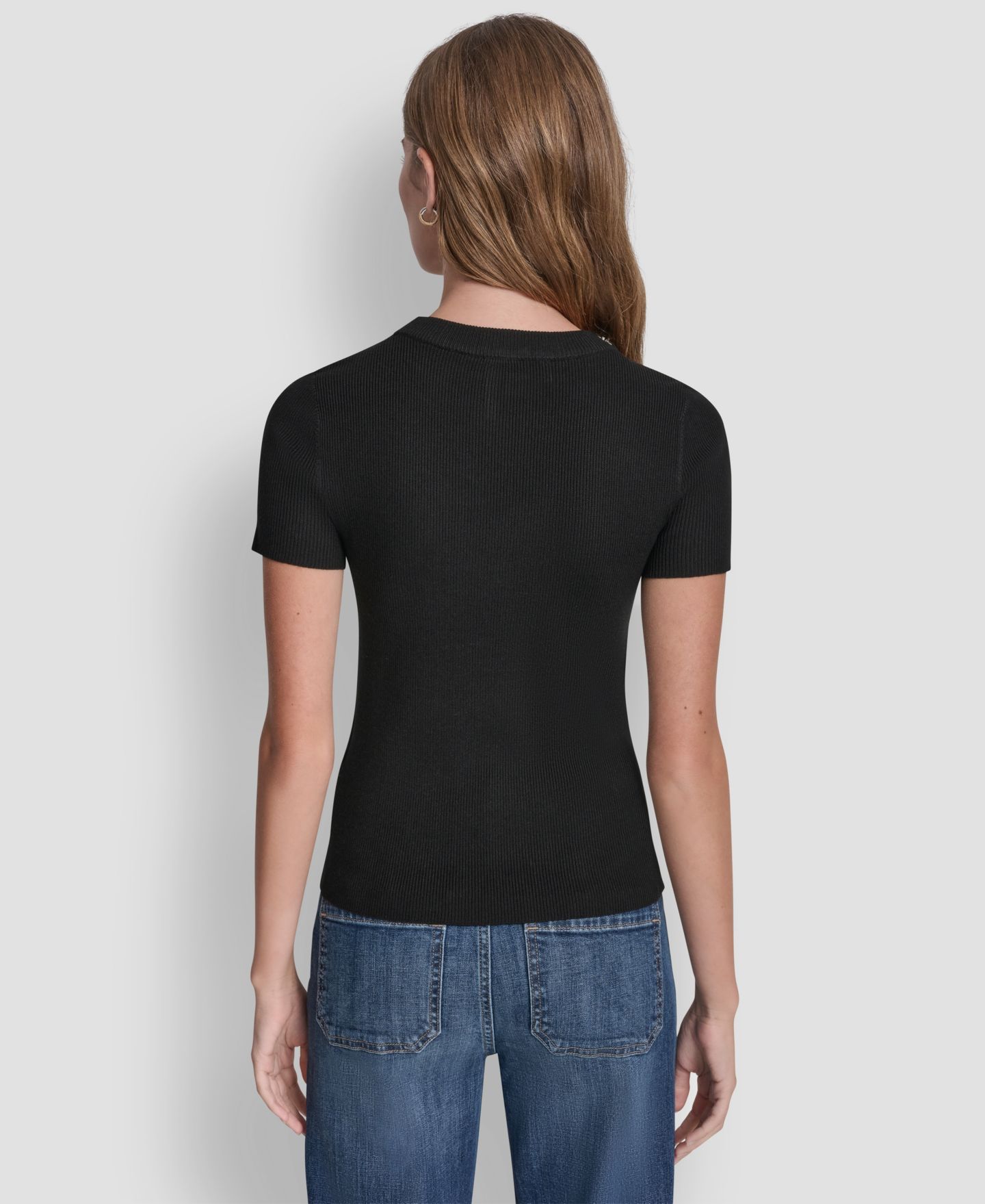 Женский свитер DKNY Jeans Petite Embellished Ribbed-Knit Short-Sleeve Crewneck, цвет: Чёрный — фото 6