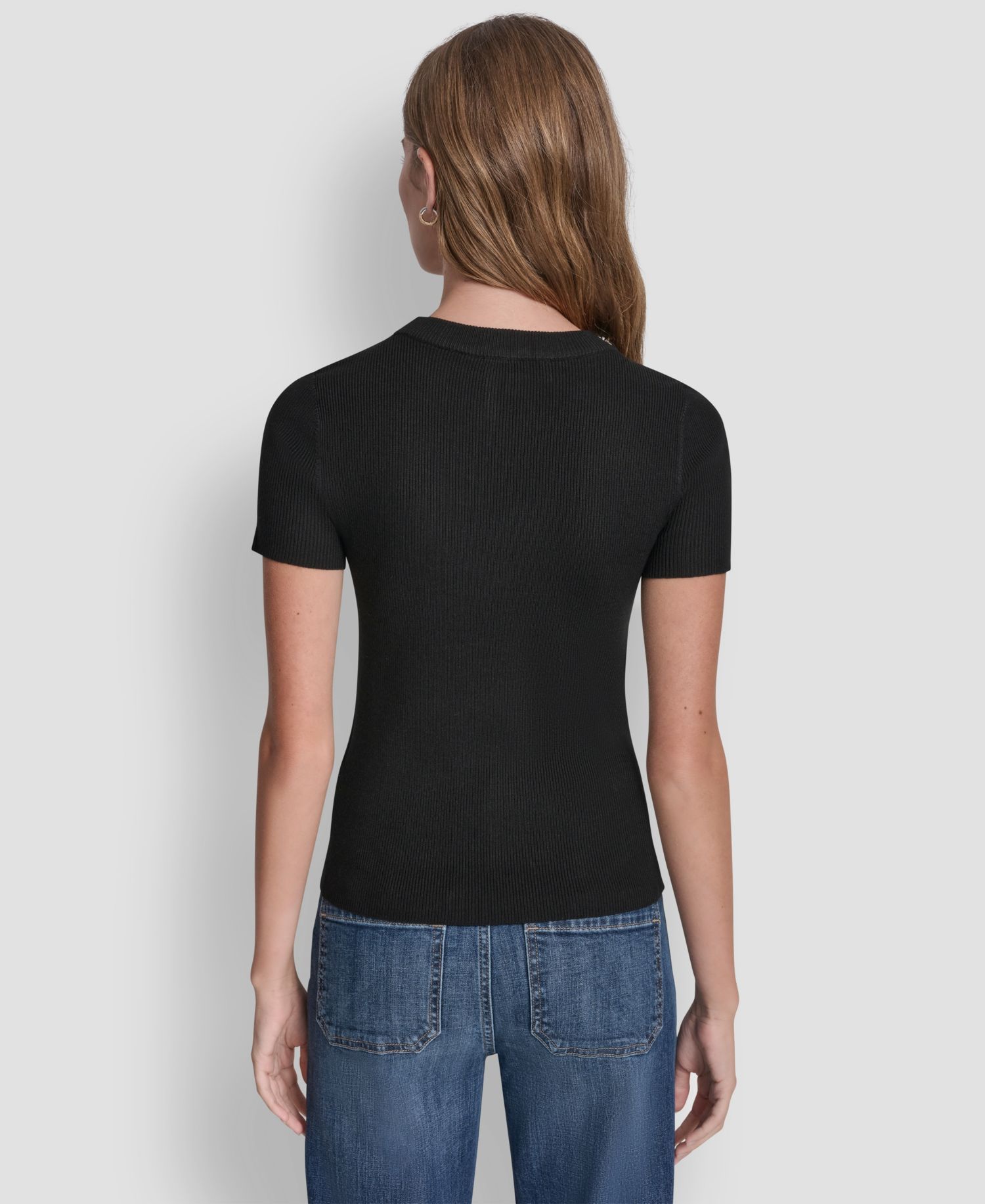 Petite Embellished Ribbed-Knit Short-Sleeve Crewneck Sweater