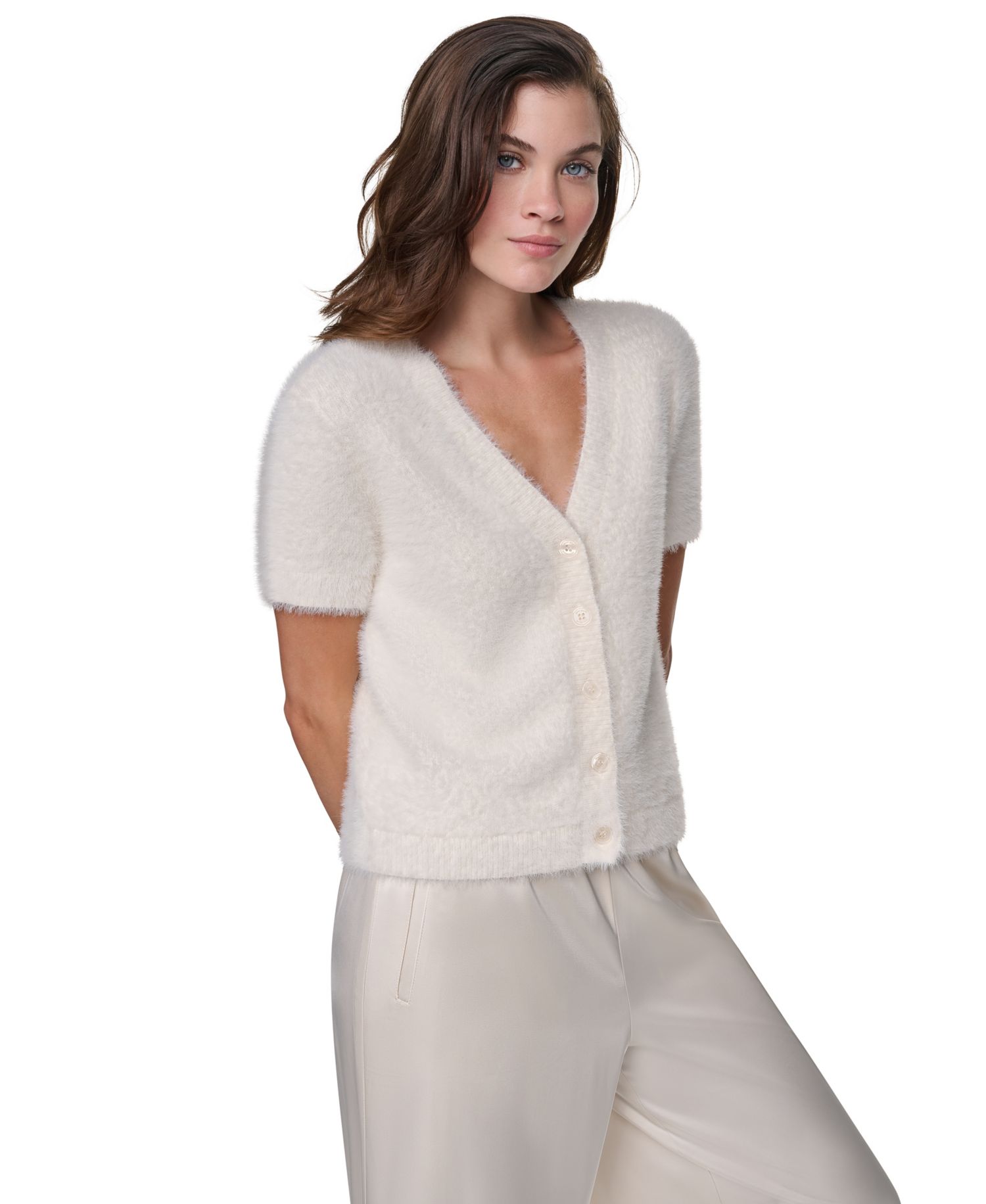 Petite Short-Sleeve Brushed-Knit Fitted Cardigan