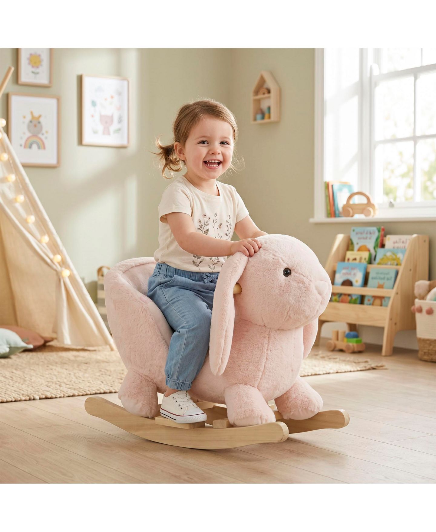 Детская мягкая игрушка Glintex Rocking Rabbit Plush Ride-On Rocker with Realistic Sound, 88-lb Capacity, Ages 18-36 Months, цвет: Розовый — фото 8