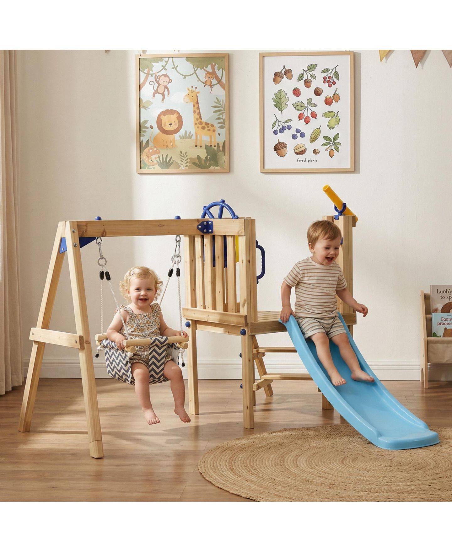 Детские игрушки Glintex Wooden Swing Set with Slide, Fort, Captain's Wheel and Telescope, 220 lbs, Ages 1.5-4, цвет: Натуральный — фото 7