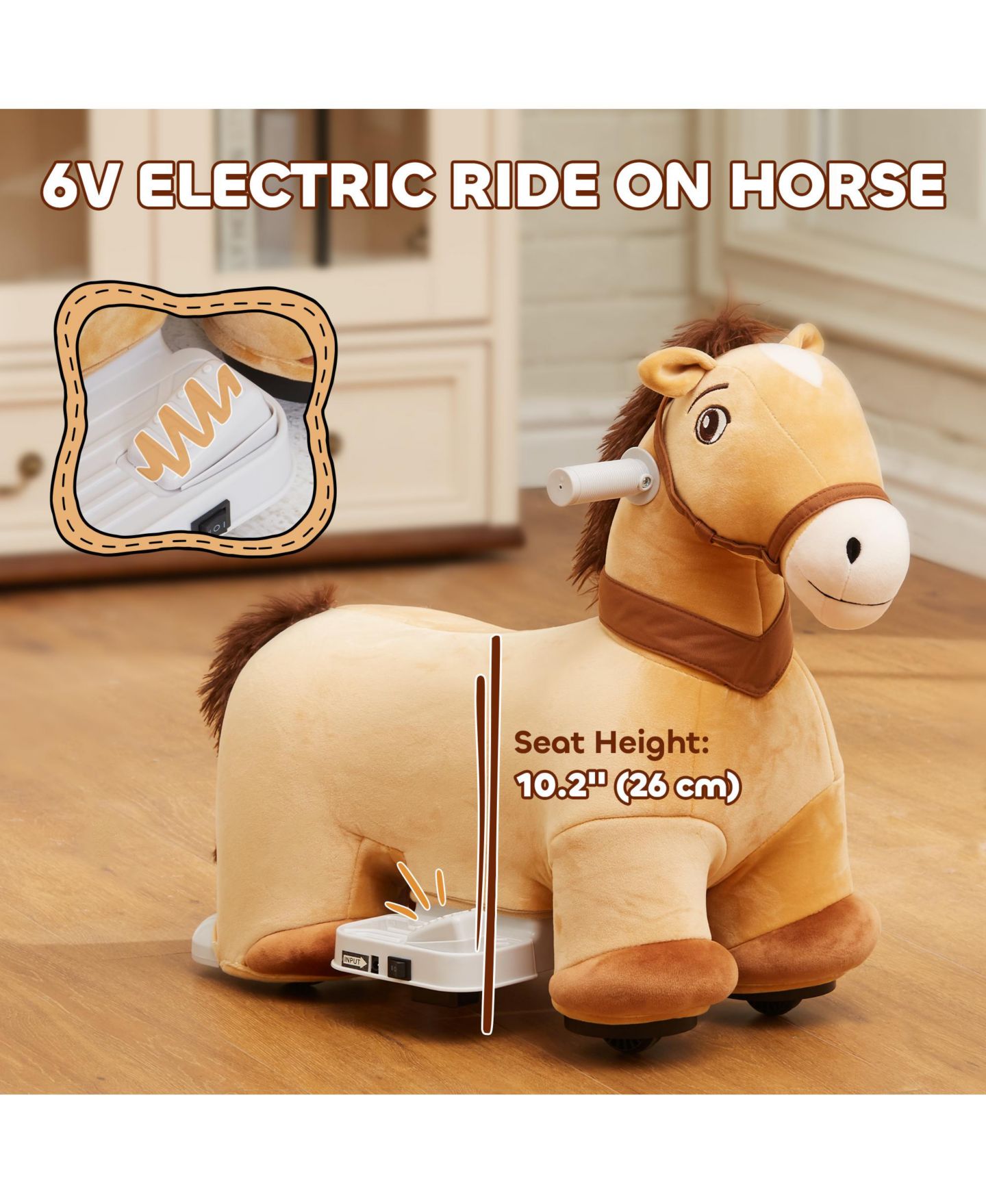 Детская игрушка Glintex 6V Battery-Powered Music Ride-On Pony, 55-lb Capacity, Ages 18-36 Months, цвет: Коричневый — фото 4
