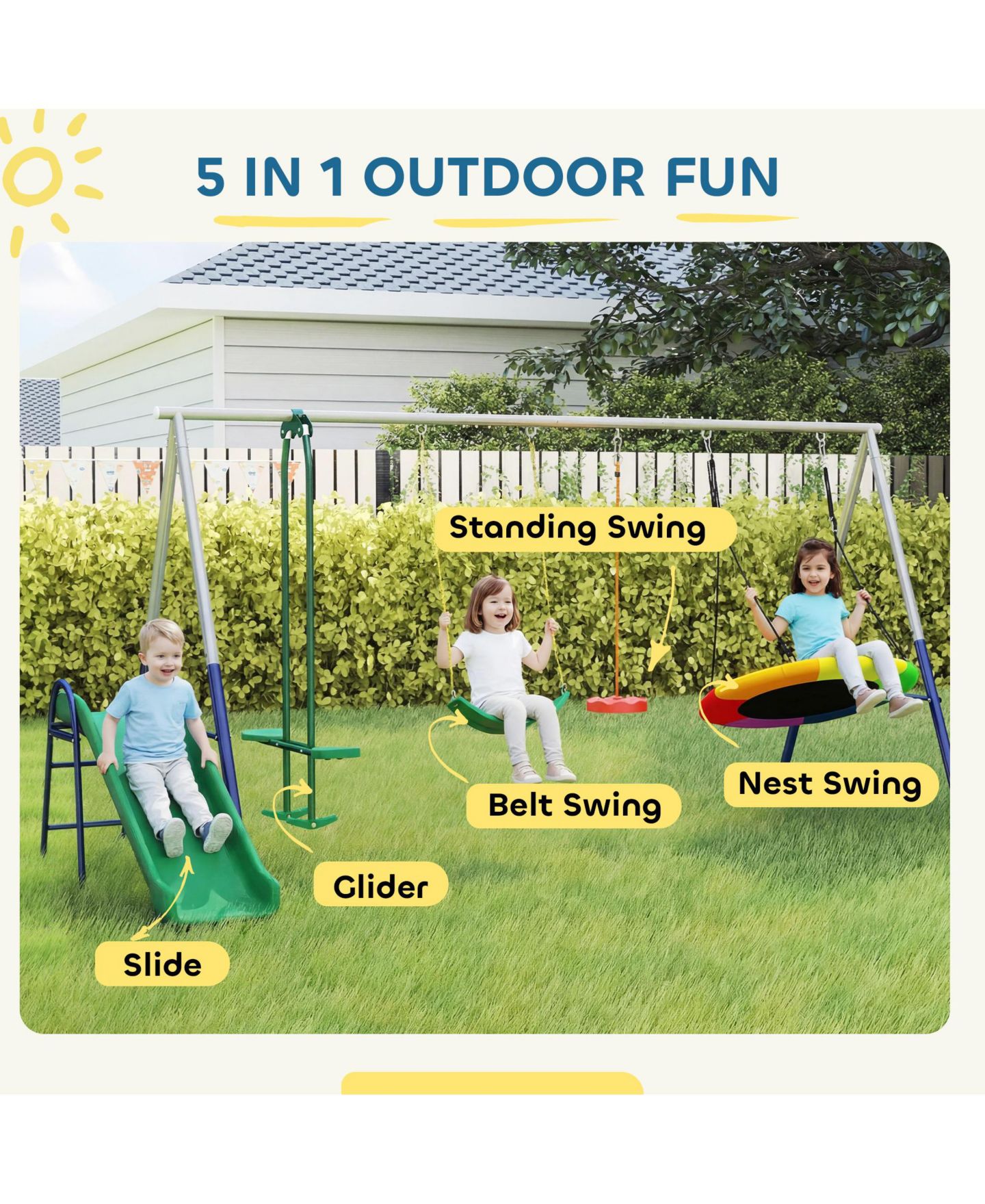 Детские игрушки Glintex 5-in-1 Kids Swing Set with Slide, Nest Swing, Belt Swing, Glider, Standing Swing, Steel A-Frame, 771 lbs Capacity, Ages 3–8, цвет: Разноцветный — фото 4