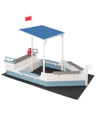 Pirate Ship Sand Pit With Canopy & Bench Seats, 86"L x 43"W x 64"H Fir Wood, 440 lb Sand, Ages 3-8