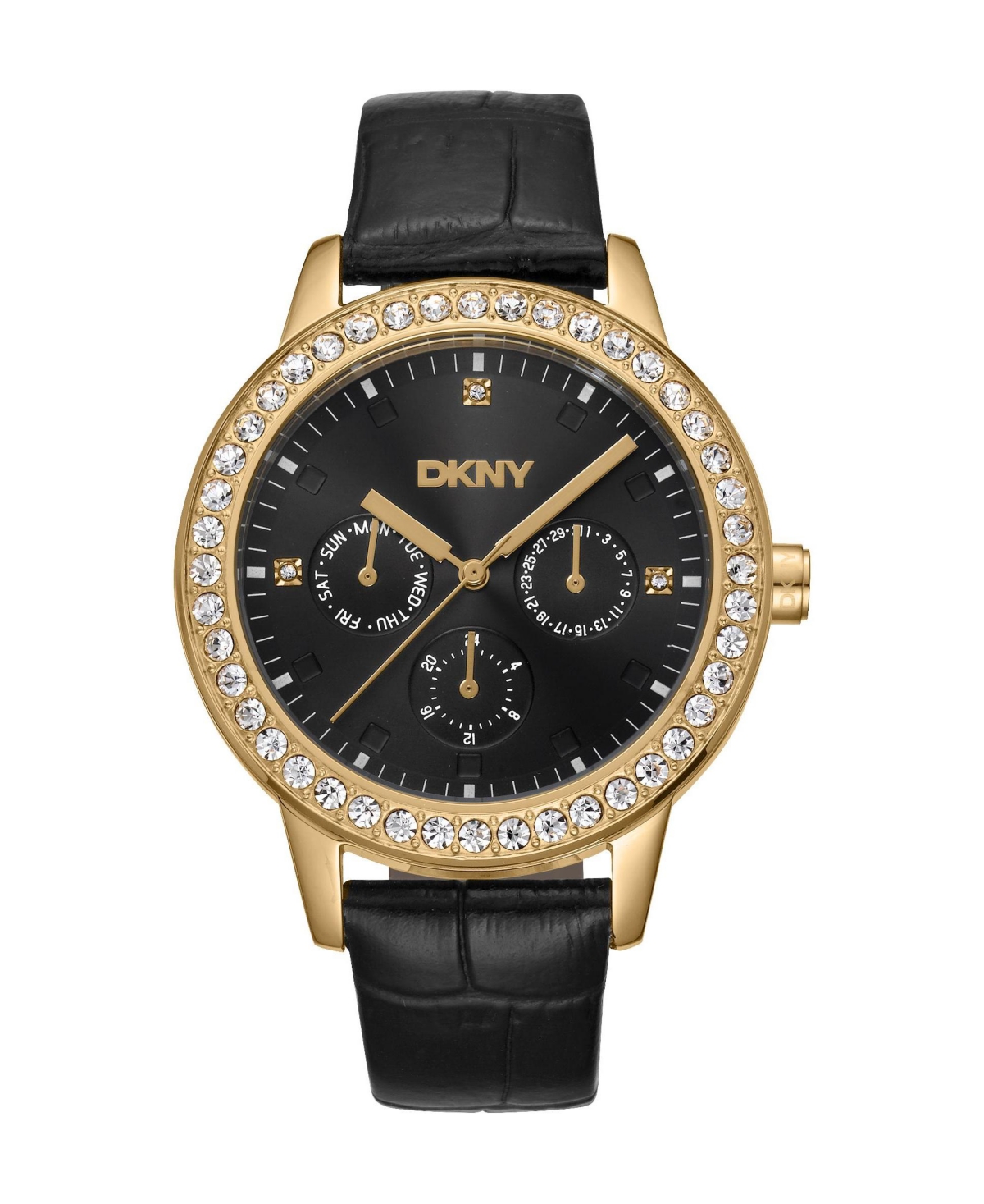 Dkny Women's Quartz Parsons Multi Glitz Evening Black Leather Strap Water-Resistant Watch, 40 mm - Gold
