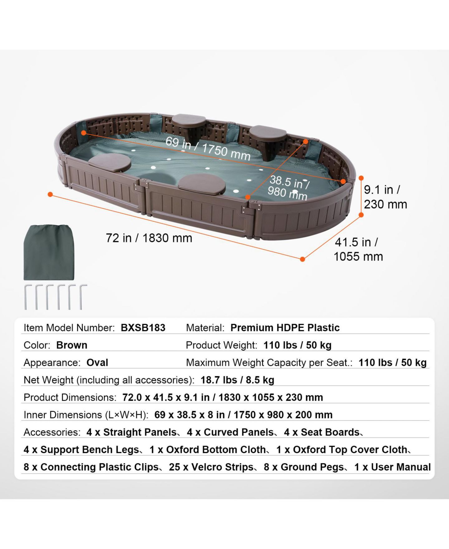 Детская игрушка Glintex 72 x 41.5 in Oval Kids Sandbox with 4 Corner Seats, Cover & Liner, Ages 3-12, цвет: Коричневый — фото 10