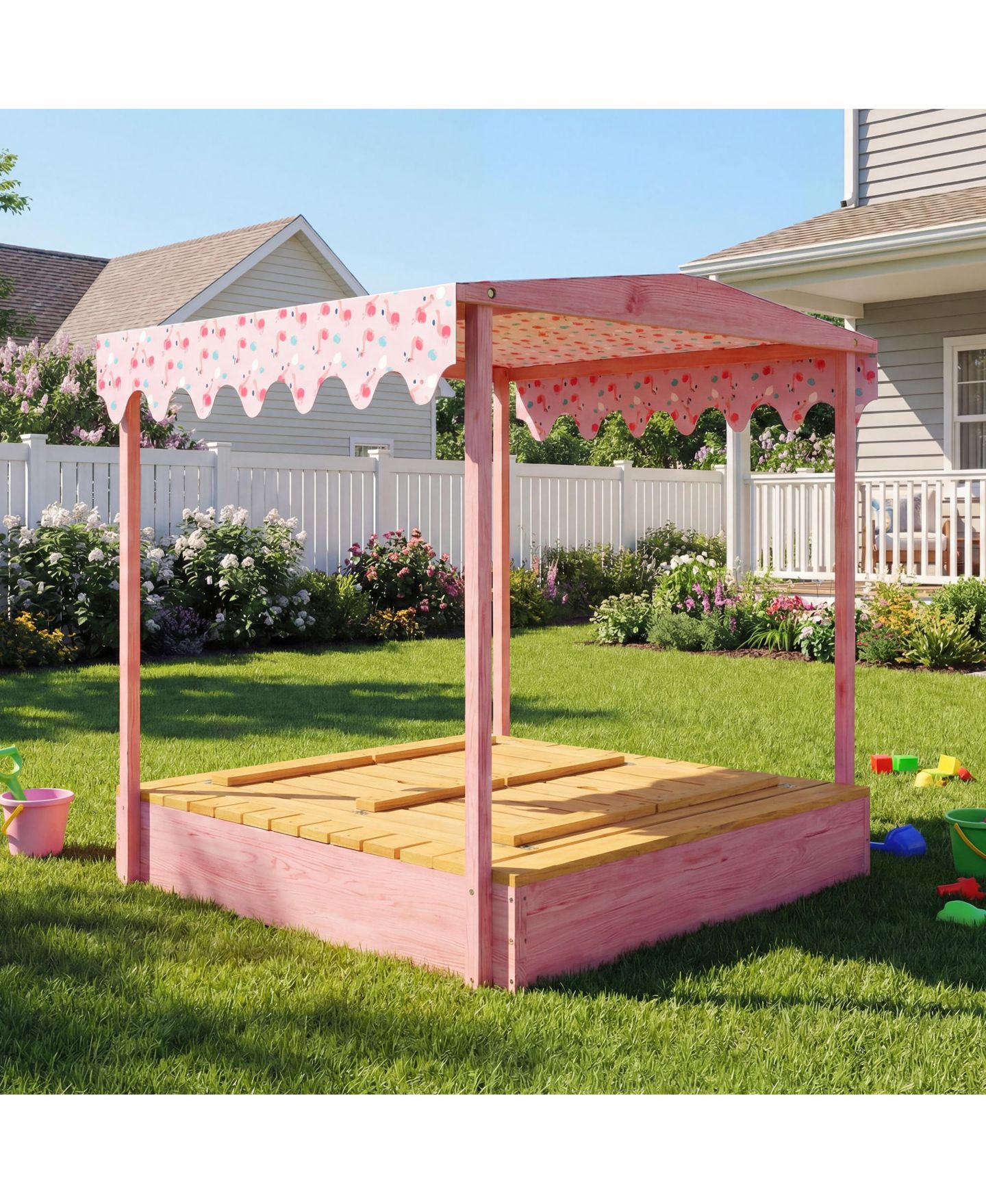 Детская игрушка Glintex Wooden Kids Sandbox with Flamingo Print Canopy and Fold-Down Bench Cover, 53"L x 50.2"W x 51.2"H, Ages 3-6, цвет: Розовый — фото 9