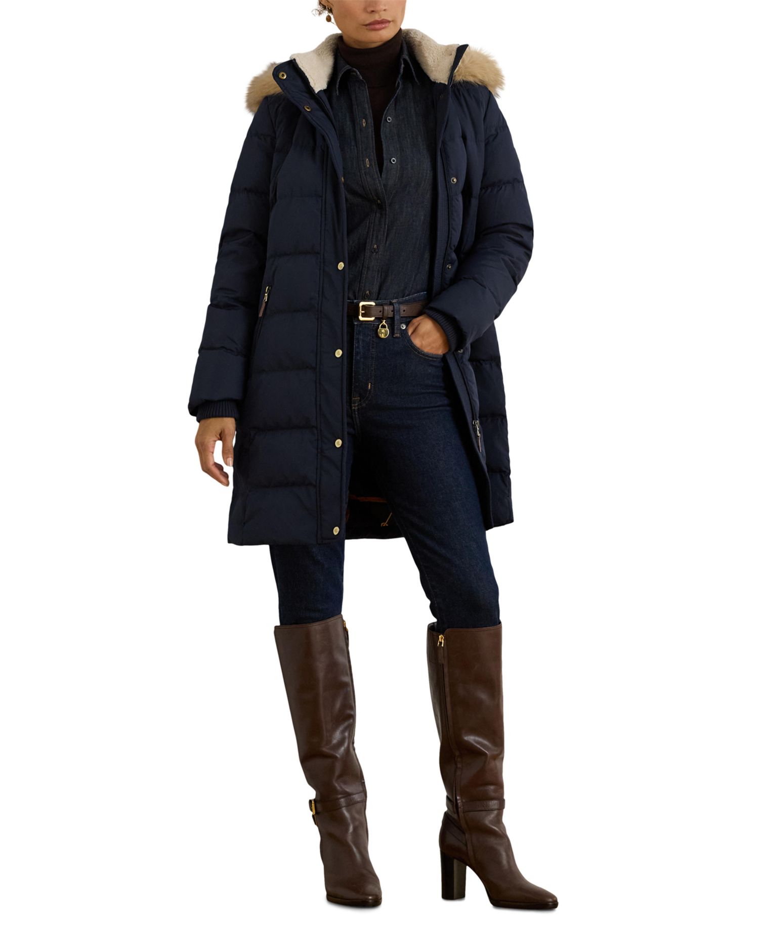 Petite Faux-Fur-Trim Hooded Puffer Coat