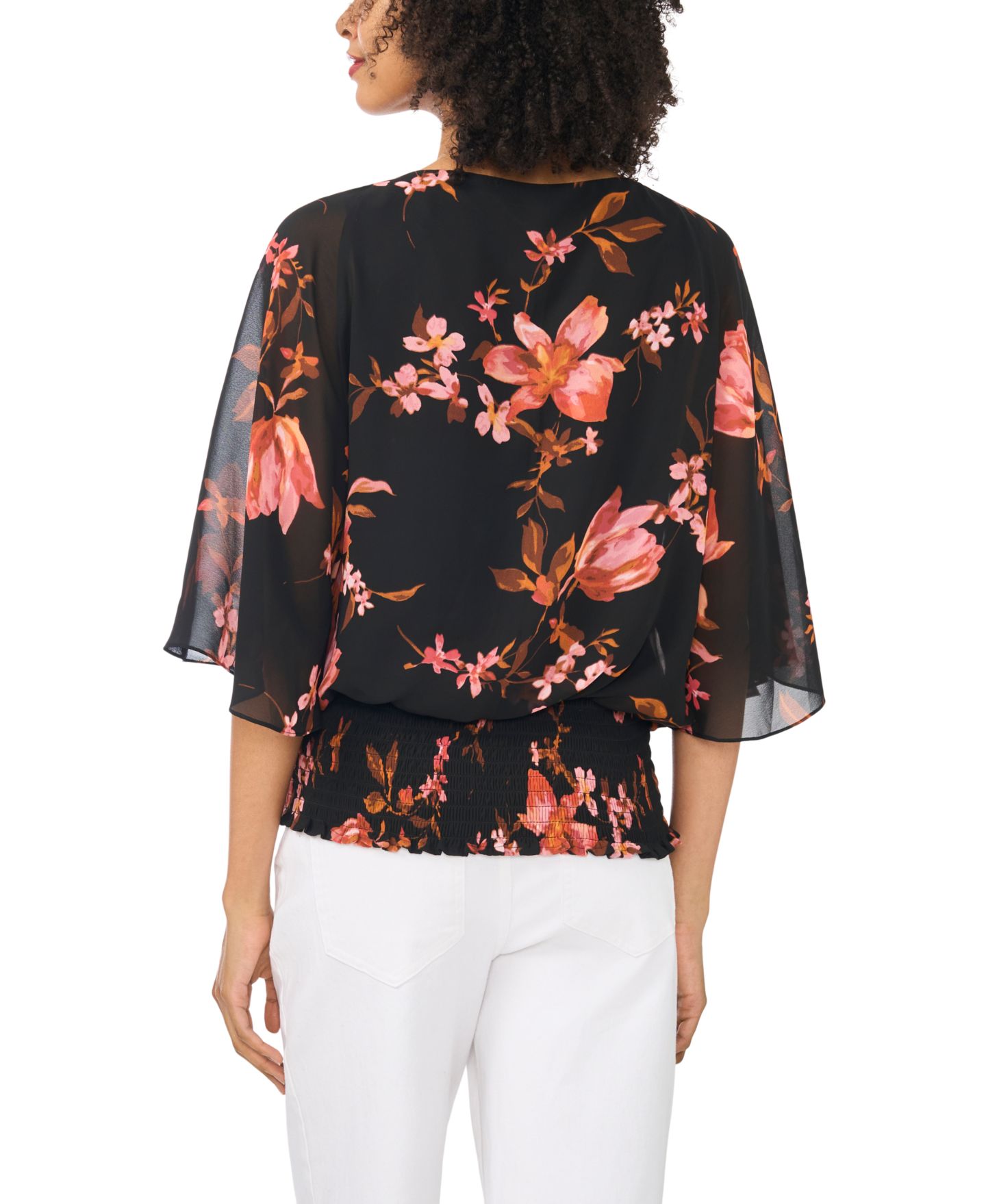 Женская блузка Sam & Jess Dolman Sleeve Floral-Print Smocked-Band, цвет: Насыщенный чёрный — фото 4