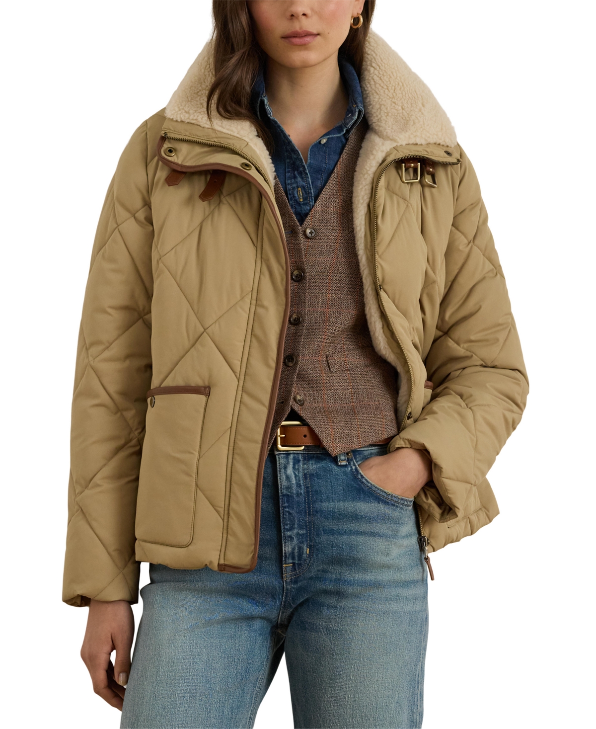 Lauren Ralph Women's Faux-Fur-Collar Diamond Quilted Jacket