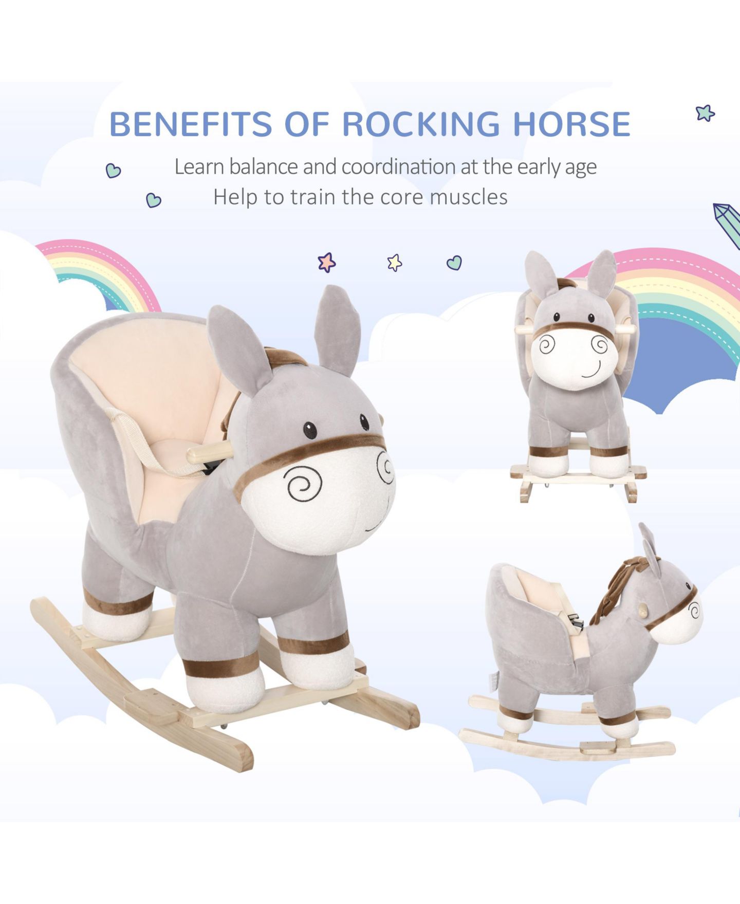 Детская мягкая игрушка Glintex Donkey Rocker Plush Sound Rocking Horse, 88-lb Capacity, Ages 18-36 Months, цвет: Светлый серый — фото 6