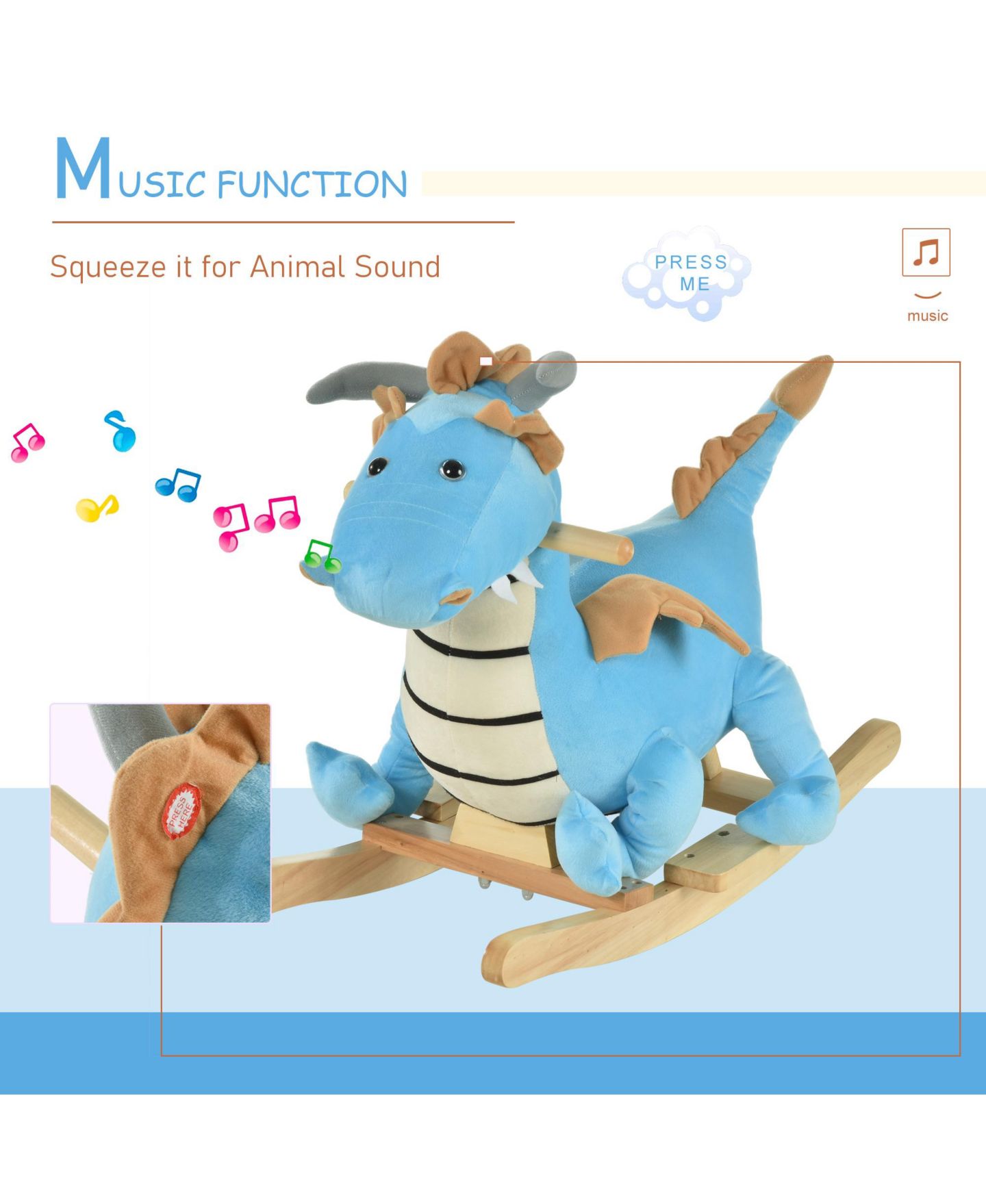 Детская мягкая игрушка Glintex Plush Rocking Dinosaur with Realistic Dinosaur Sounds, Holds 66 lbs, Ages 18-36 Months, цвет: Синий — фото 7