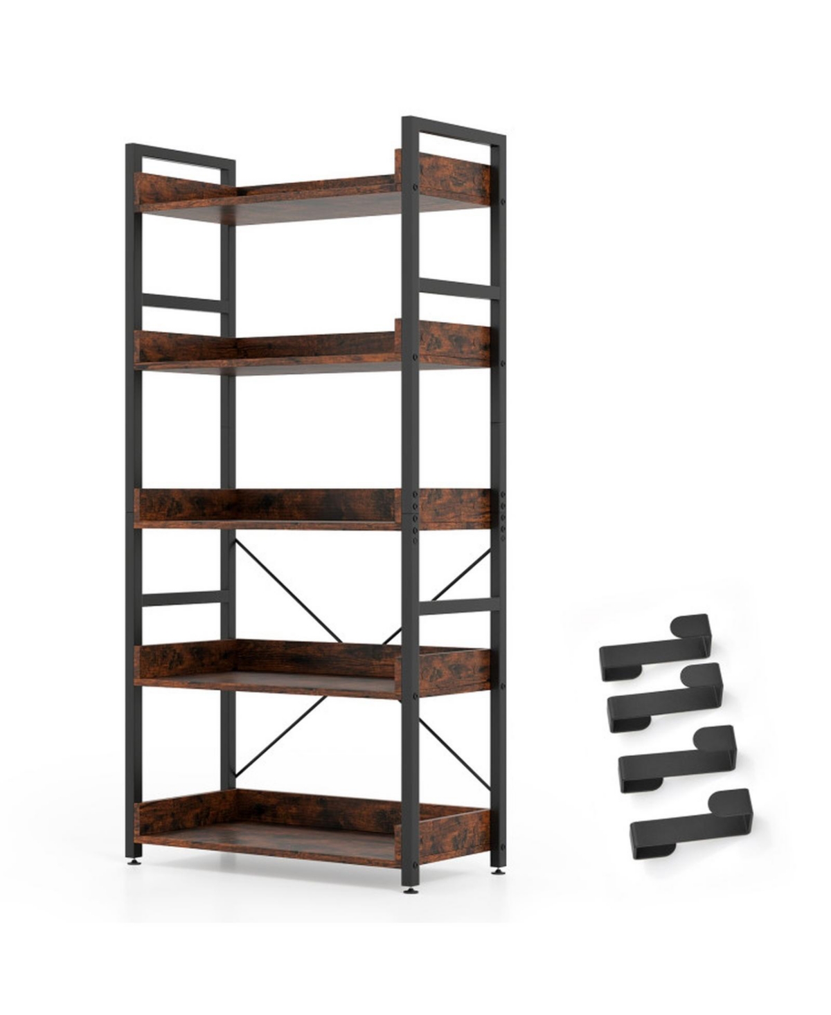 Gouun 5-Tier Industrial Storage Bookshelf with Hanging Hooks