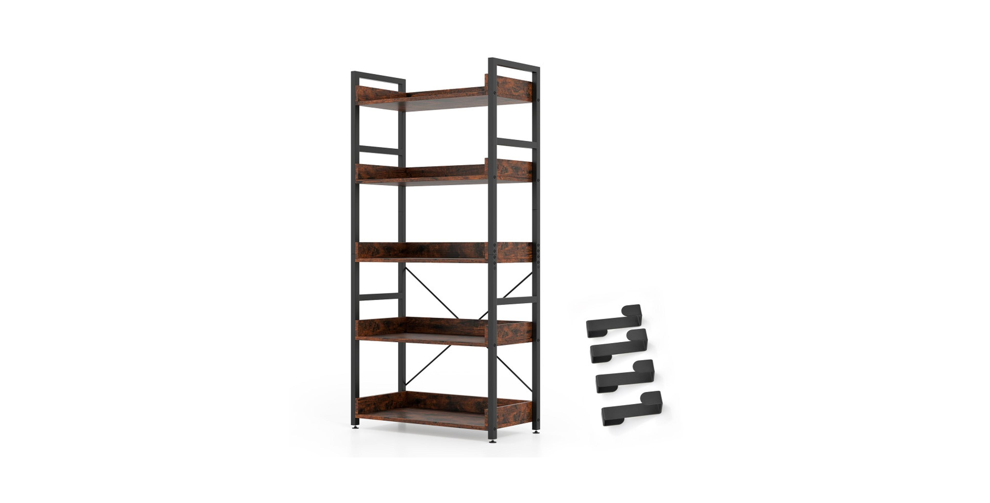 Gouun 5-Tier Industrial Storage Bookshelf with Hanging Hooks