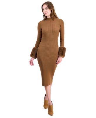 Women's Savannah Long-Sleeve Mock-Neck Faux-Fur-Cuff Midi Sweater Dress