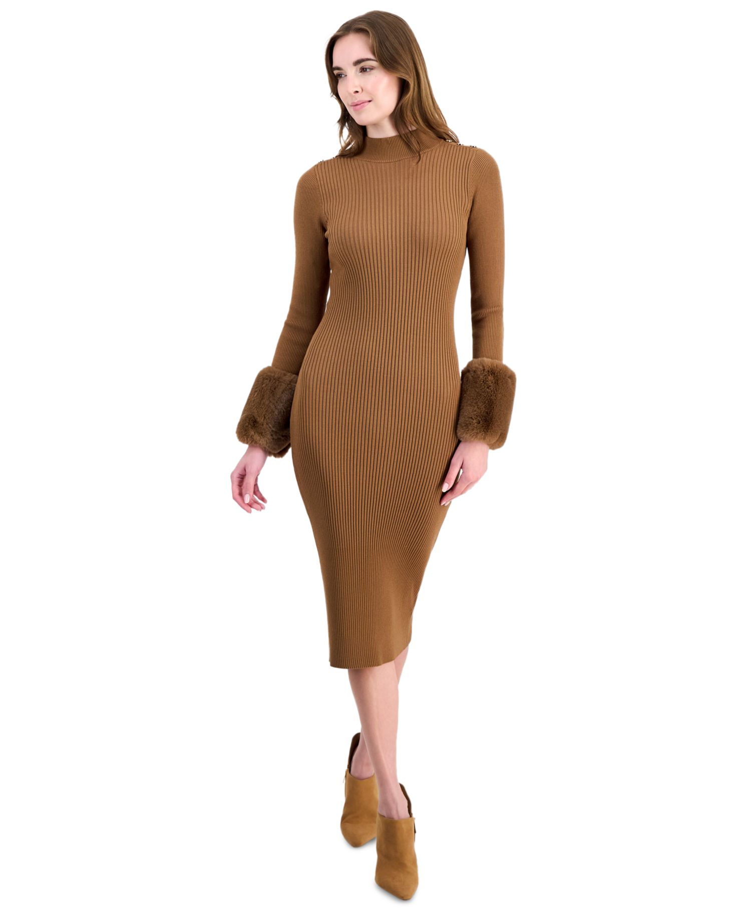 Women's Savannah Long-Sleeve Mock-Neck Faux-Fur-Cuff Midi Sweater Dress