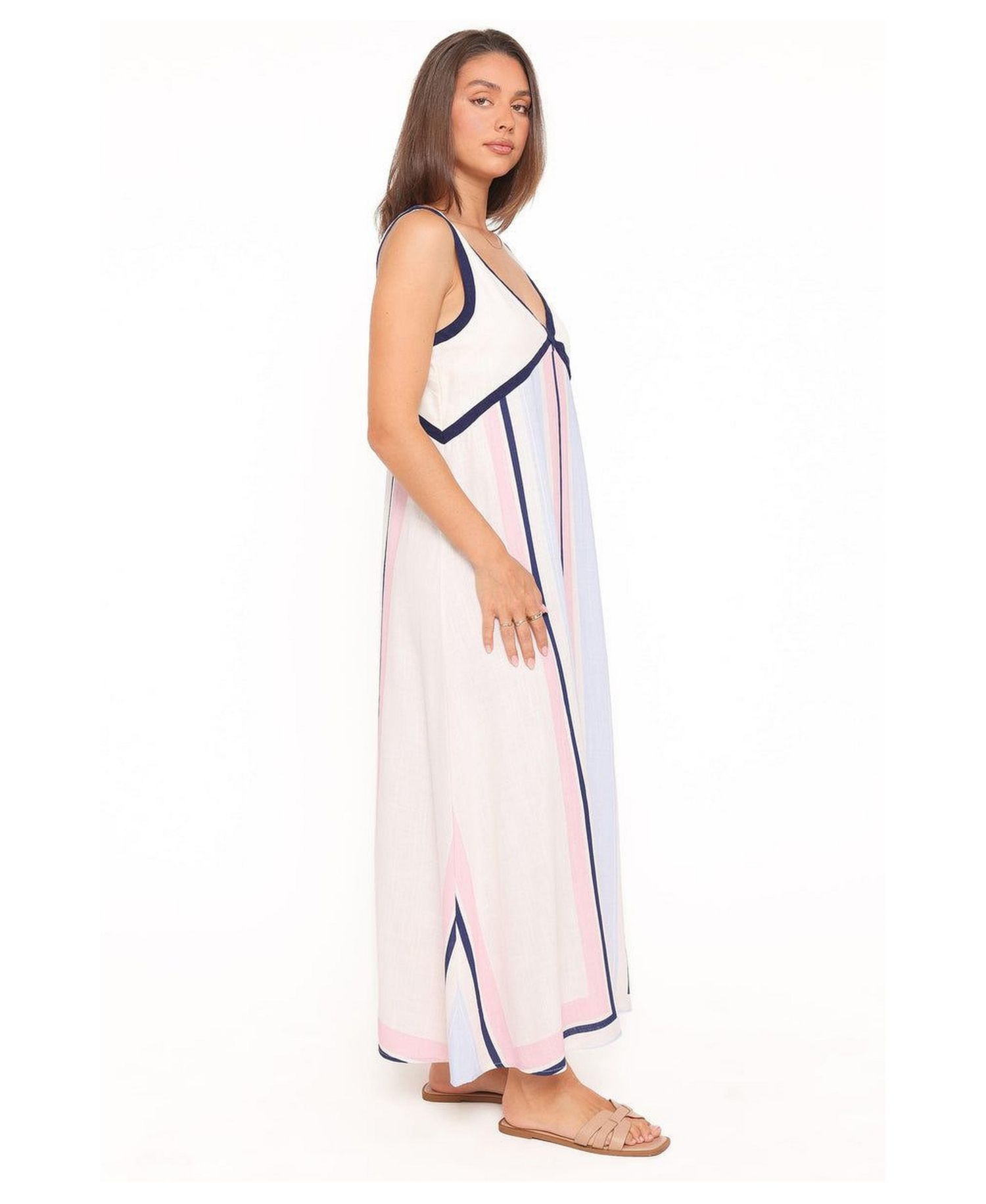 Women's Mackay Stripe Rayon-Linen Blend V-Neck A-Line Maxi Dress