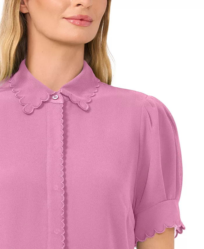 Women's Scalloped Puff-Sleeve Button-Front Top - thumbnail 3