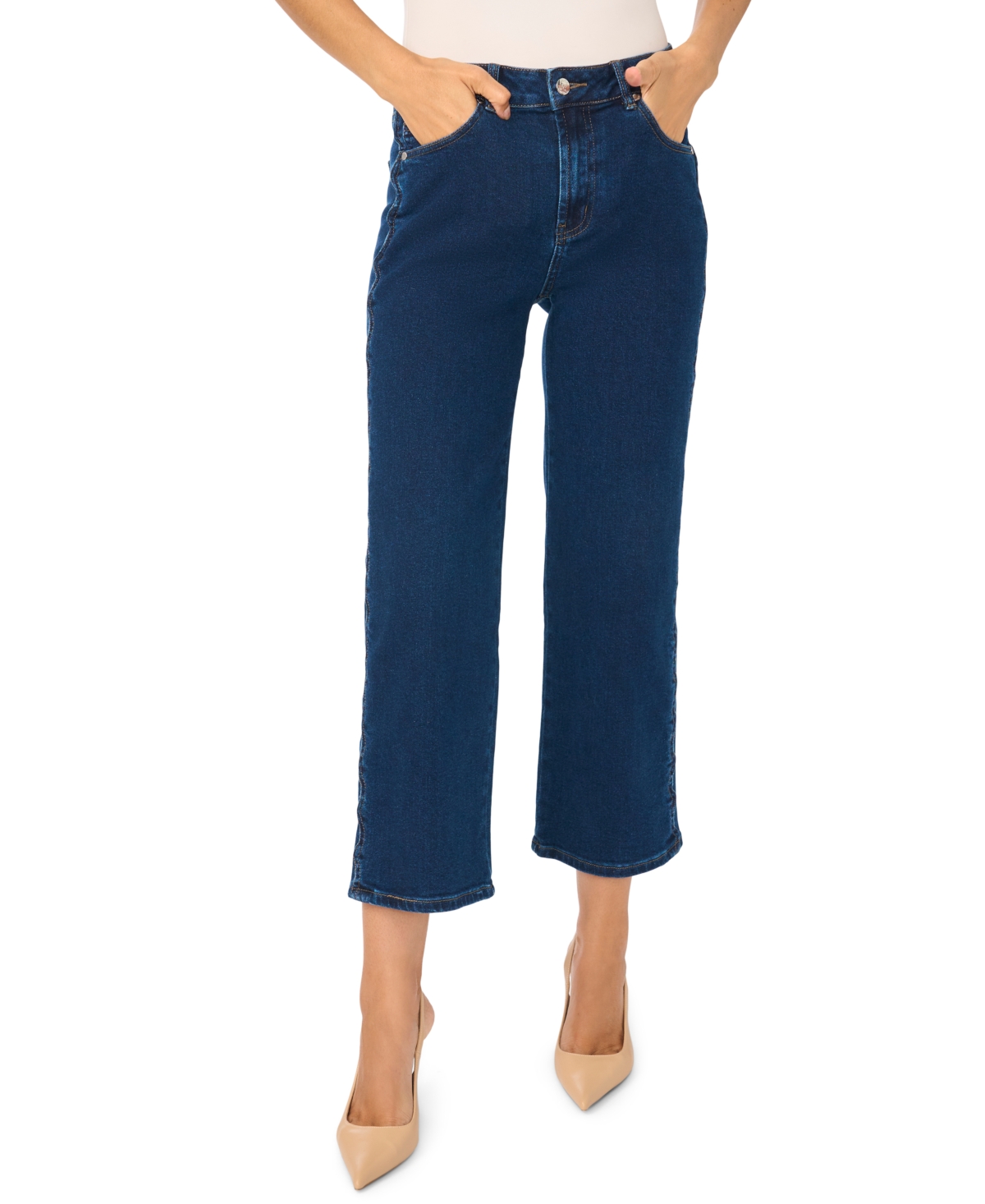 Cece Women's High-waisted Scallop-detail Straight Jeans In Med Indigo