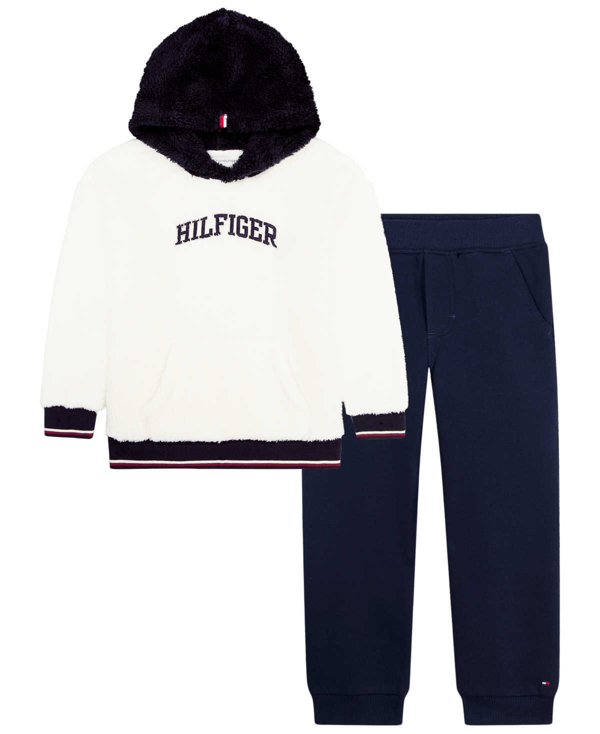 Tommy Hilfiger Baby Boys' Sherpa Hooded Hoodie and Jogger Pants, 2-Piece Set - Vanilla/Navy