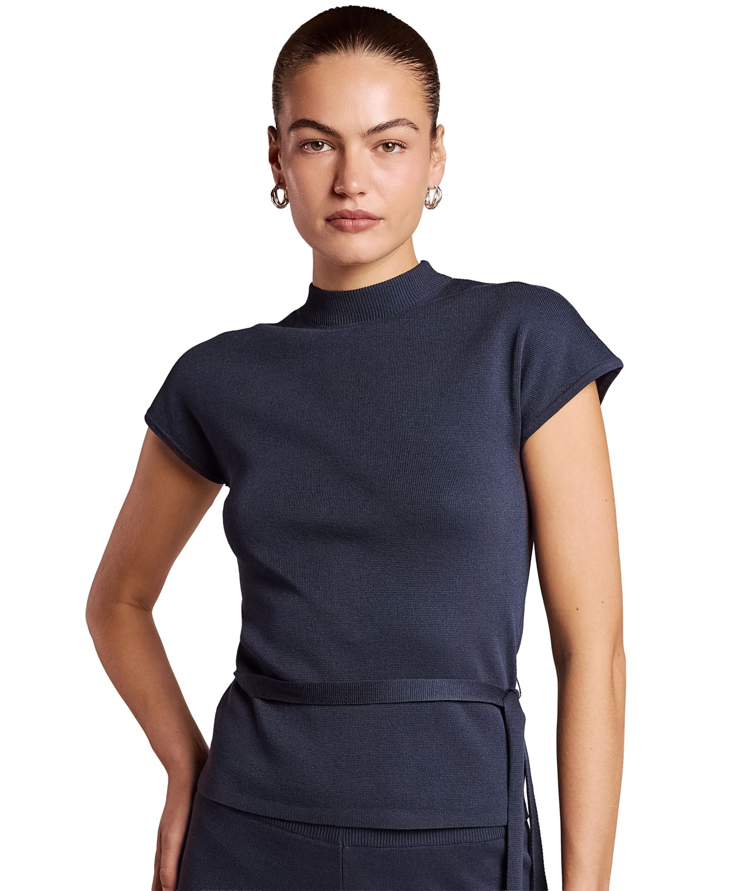 Женская футболка 4th & Reckless Mirabelle Mock Neck Self-Tie Belt Viscose-Blend, цвет: Тёмно-синий — фото 1