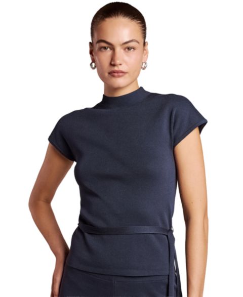 Женская футболка 4th & Reckless Mirabelle Mock Neck Self-Tie Belt Viscose-Blend, цвет: Тёмно-синий