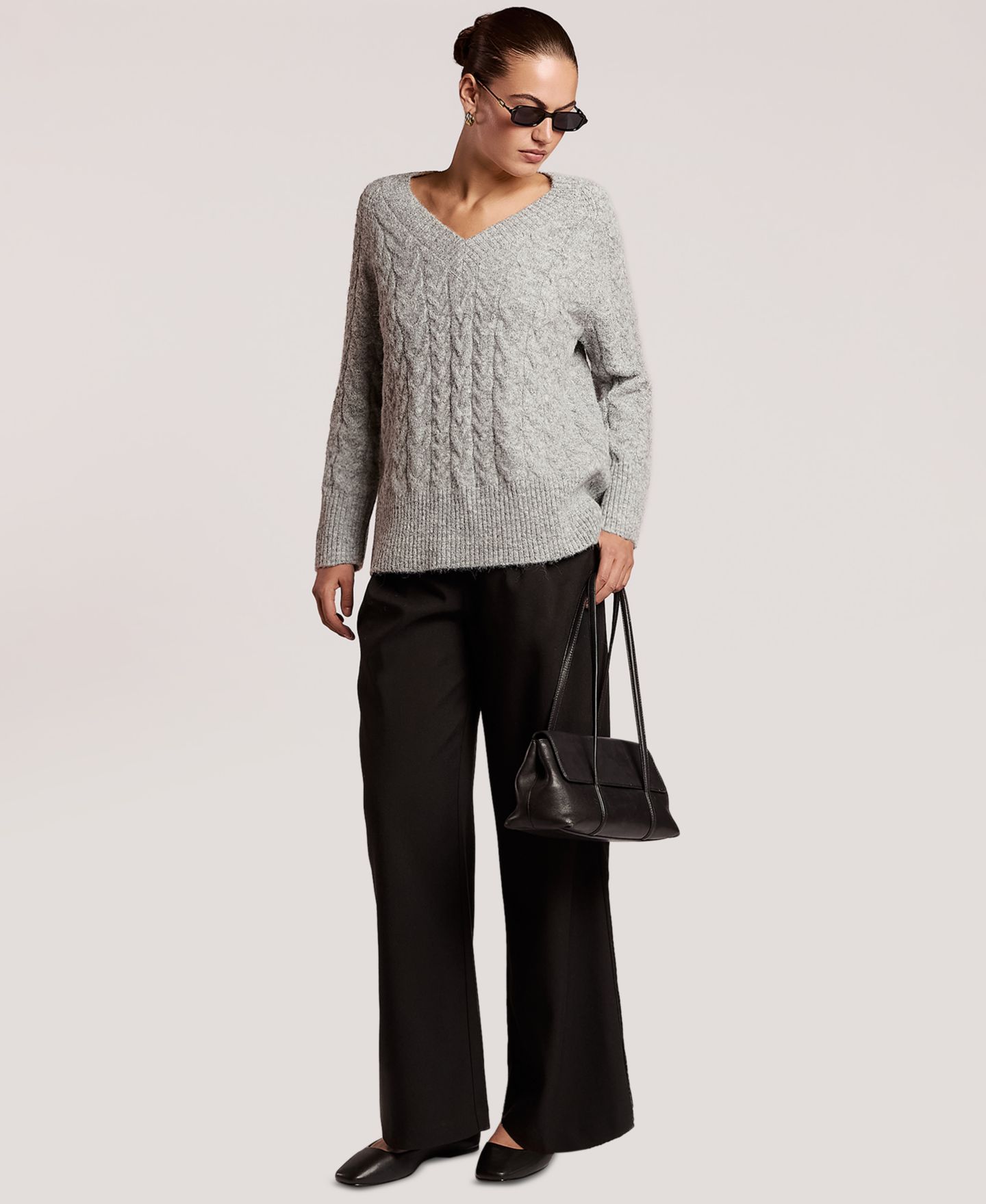 Женский свитер 4th & Reckless Emme Loose Cable-Knit V-Neck, цвет: Серый — фото 4