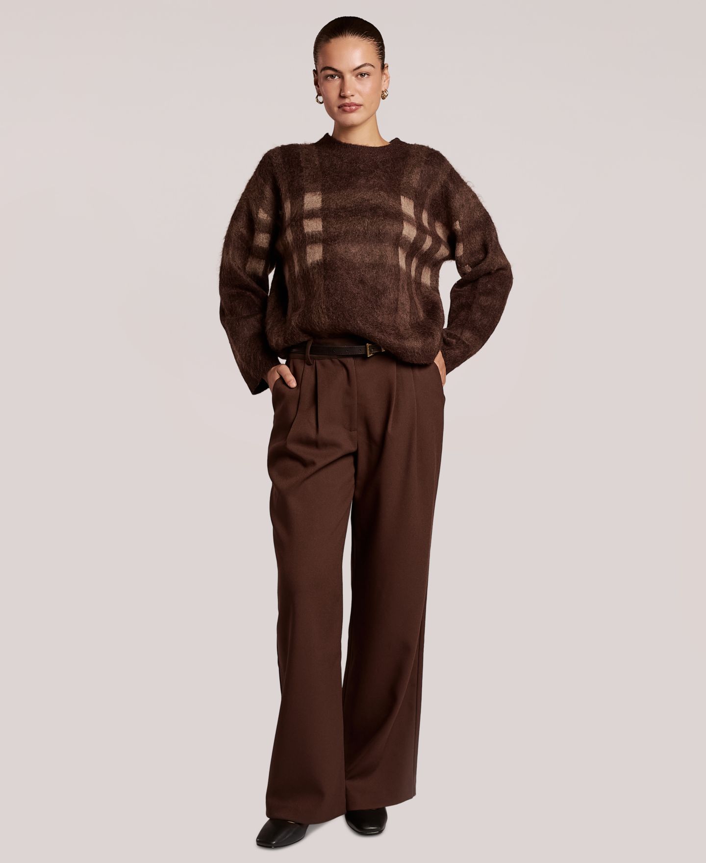 Женский свитер 4th & Reckless Noah Plaid Long-Sleeve Loose-Fit, цвет: Шоколадный — фото 6