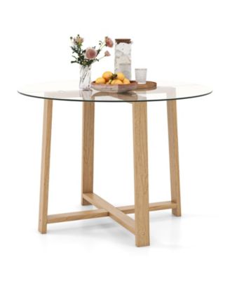 42 Inches Round Glass Dining Table with Tempered Glass Tabletop and Rubber Wood Legs