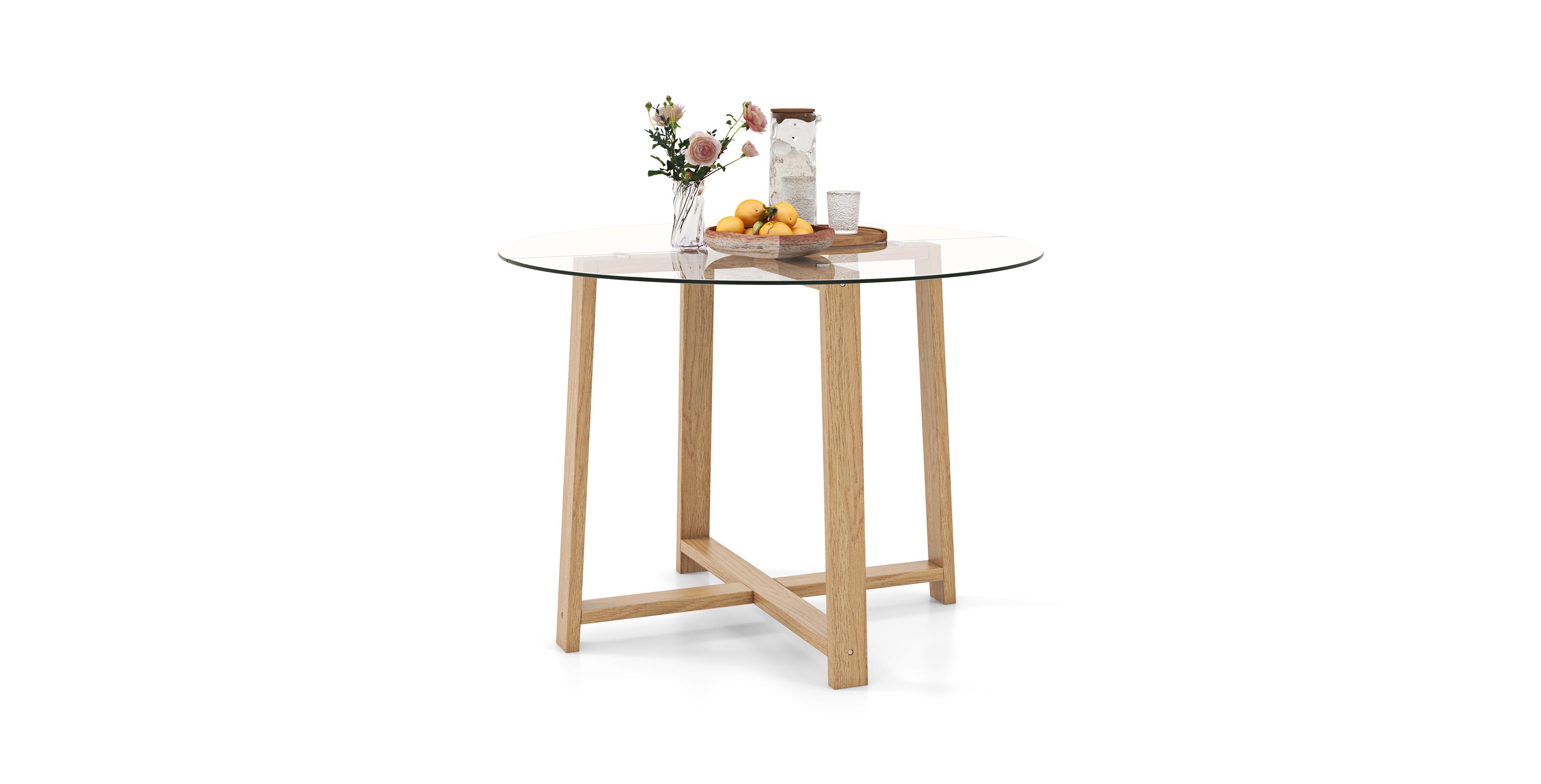 Mecale 42 Inches Round Glass Dining Table with Tempered Glass Tabletop and Rubber Wood Legs