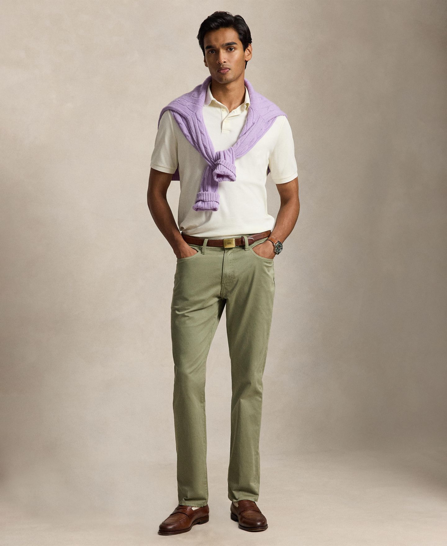 Мужские брюки Polo Ralph Lauren Varick Slim Straight Stretch Sateen, цвет: Шалфейный зелёный — фото 2