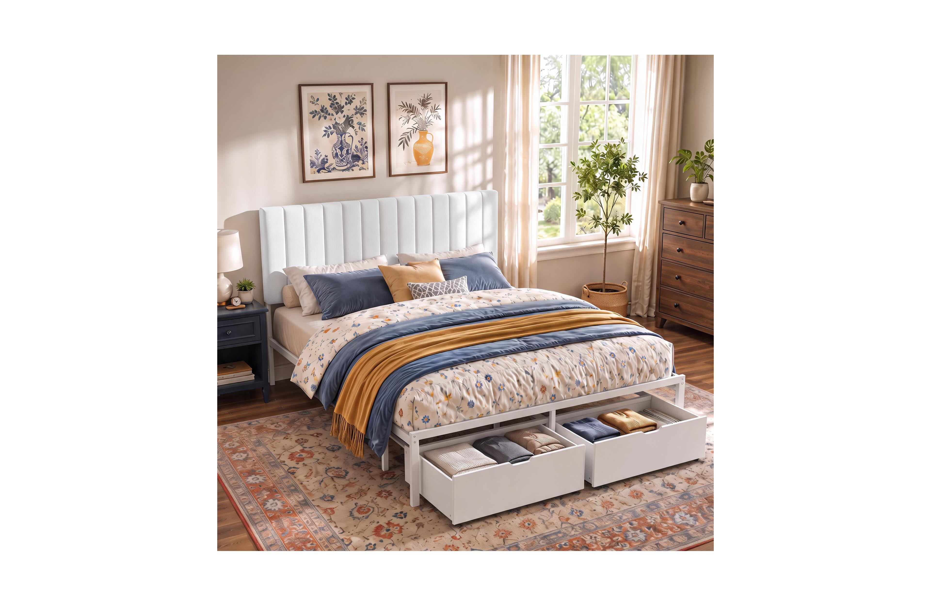 homfan Bed Frame with Upholstered Headboard, Adjustable Headboard Iron Platform Bed, No Box Spring Needed