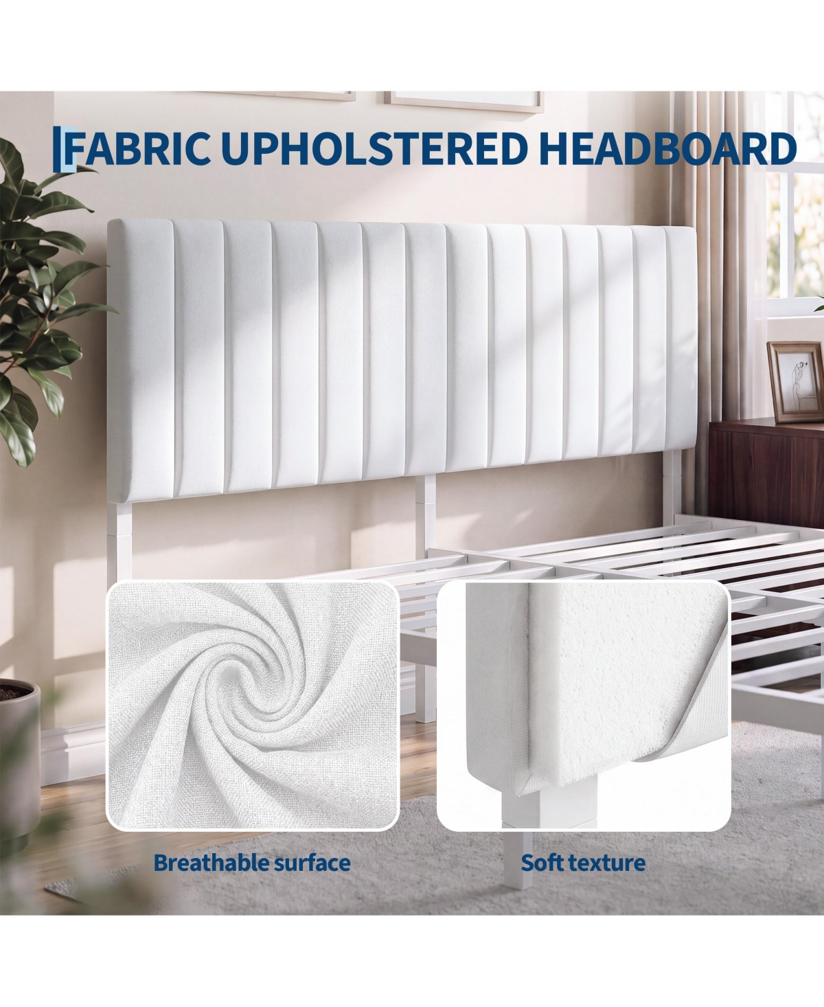 homfan Bed Frame with Upholstered Headboard, Adjustable Headboard Iron Platform Bed, No Box Spring Needed