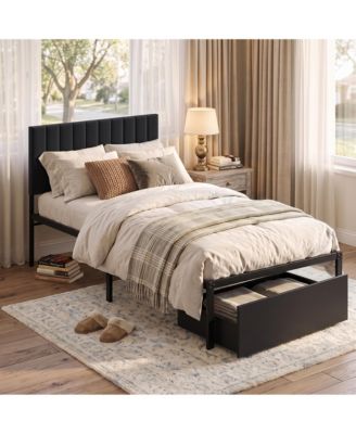 Bed Frame with Upholstered Headboard, Adjustable Headboard Iron Platform Bed, No Box Spring Needed, Heavy Duty Bed Frame