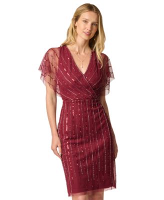 Women's Surplice Flutter-Sleeve Sequin Dress