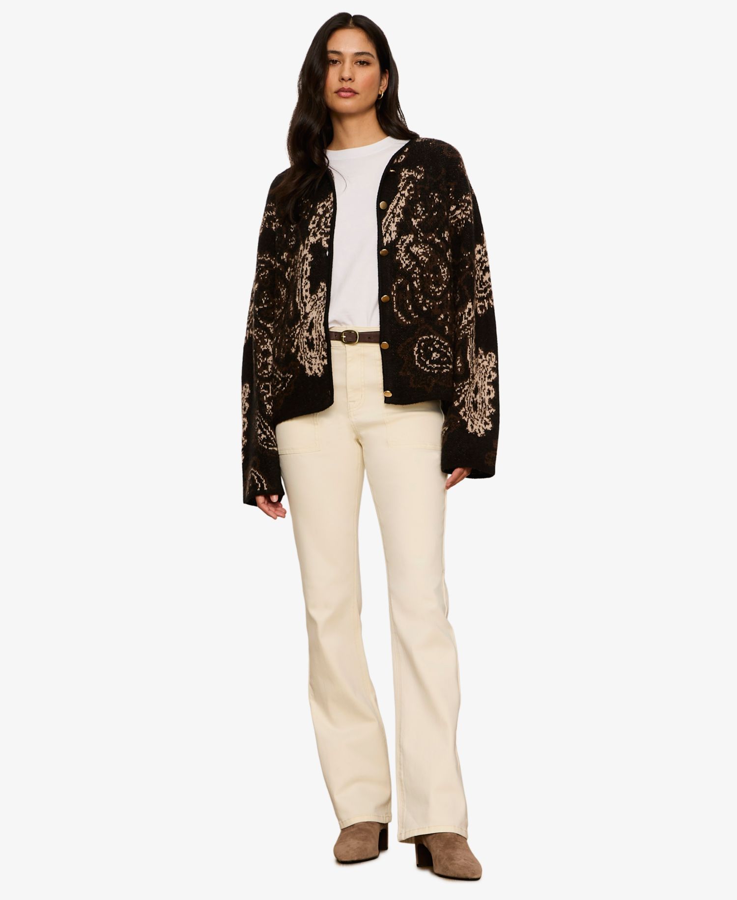 Women's Jacquard-Knit Semi-Cropped Collarless Jacket