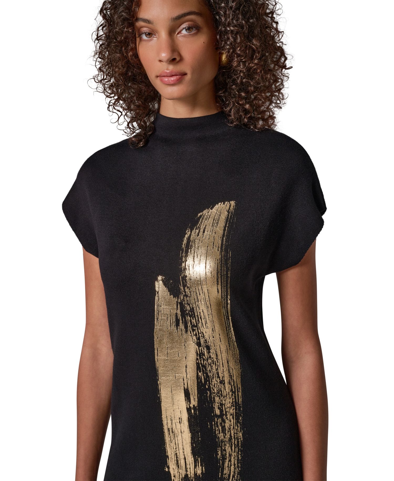 Petite Cap Sleeve Metallic-Print Graphic Midi Sweater Dress